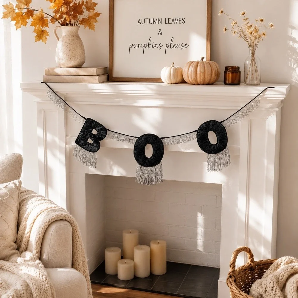 Hyde & EEK Boutique Black Velvet BOO Halloween Garland Silver Tinsel Fringe 6ft